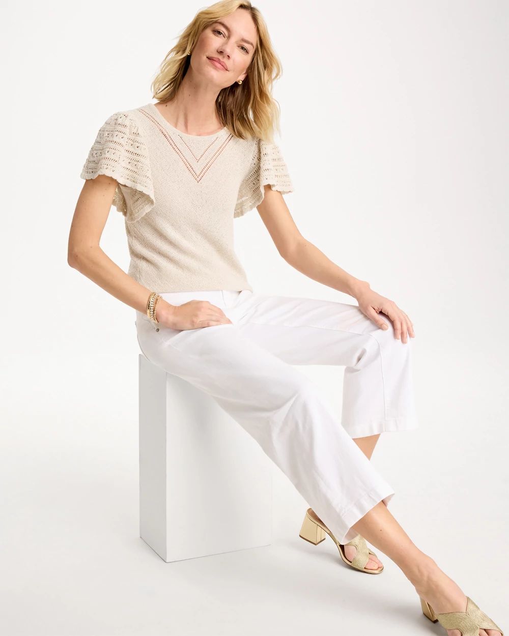 Pointelle Metallic Flutter-Sleeve Pullover