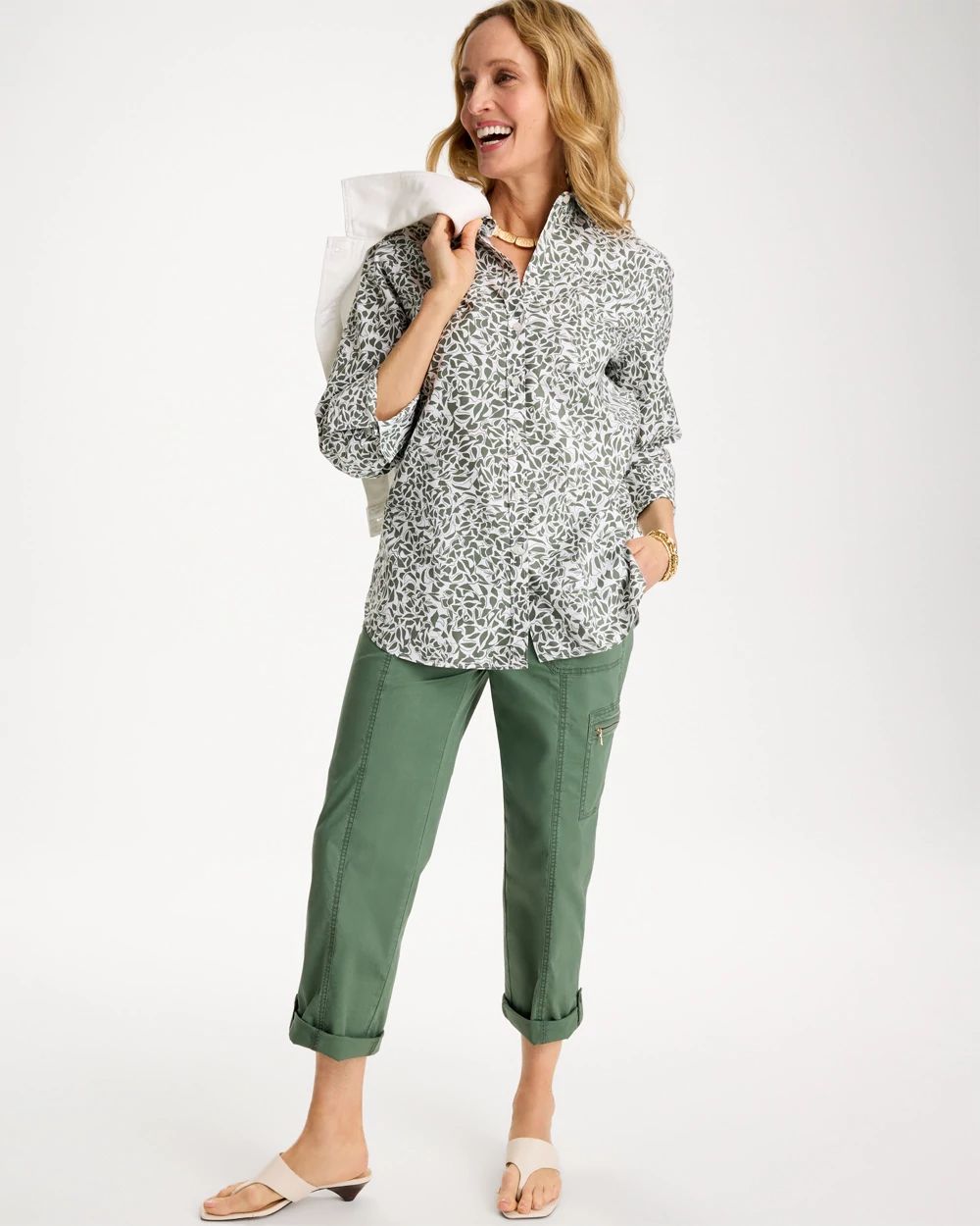 Poplin Cropped Roll Tab Pants