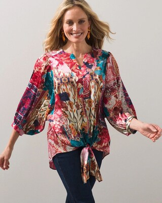Satin Tapestry Print Tie Front Top
