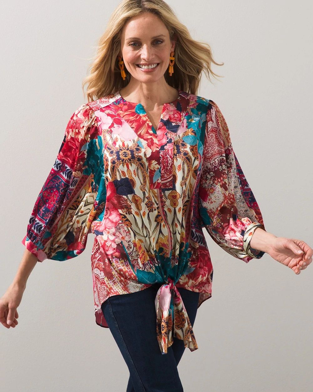 Satin Tapestry Print Tie Front Top
