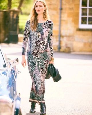 Patchwork Boatneck Column Maxi Dress