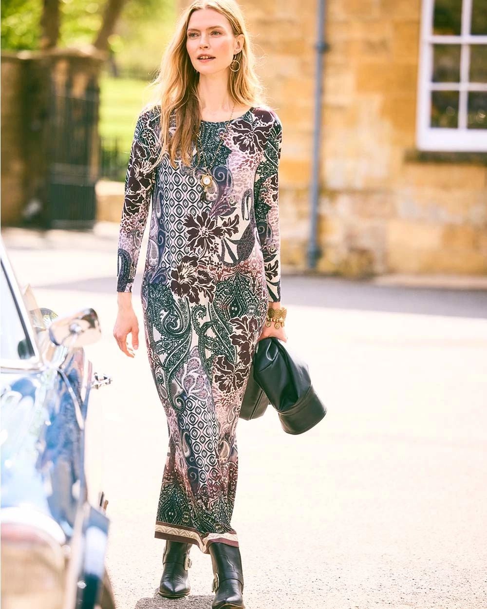 Patchwork Boatneck Column Maxi Dress