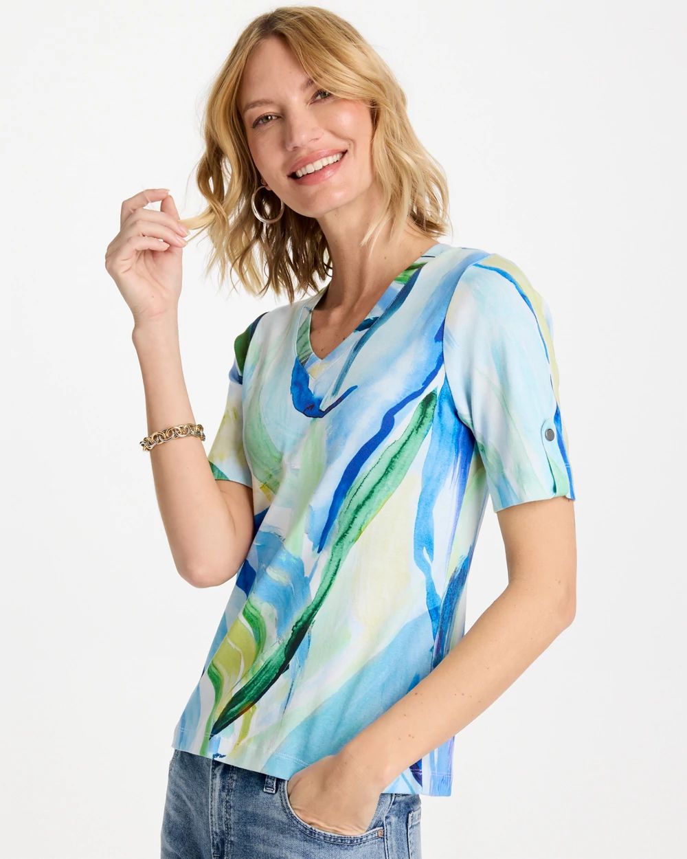 Printed Pima V-Neck Tee