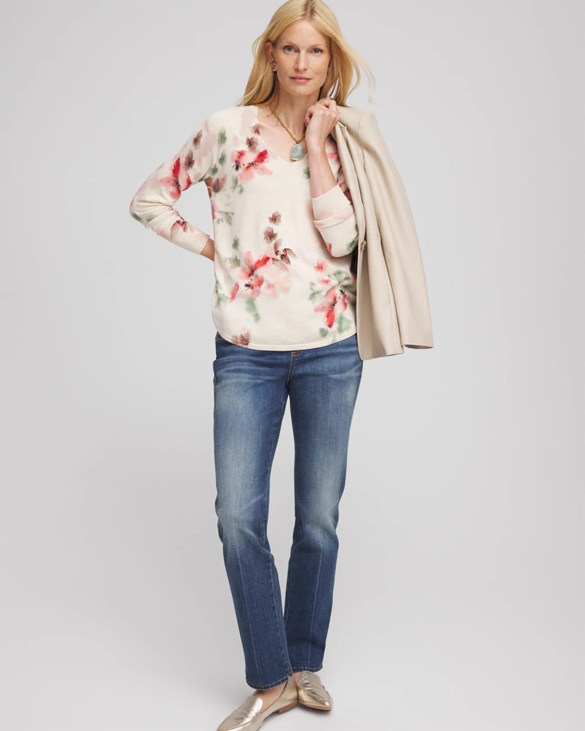 Chico's Ella Flowers & Cream Pullover Sweater