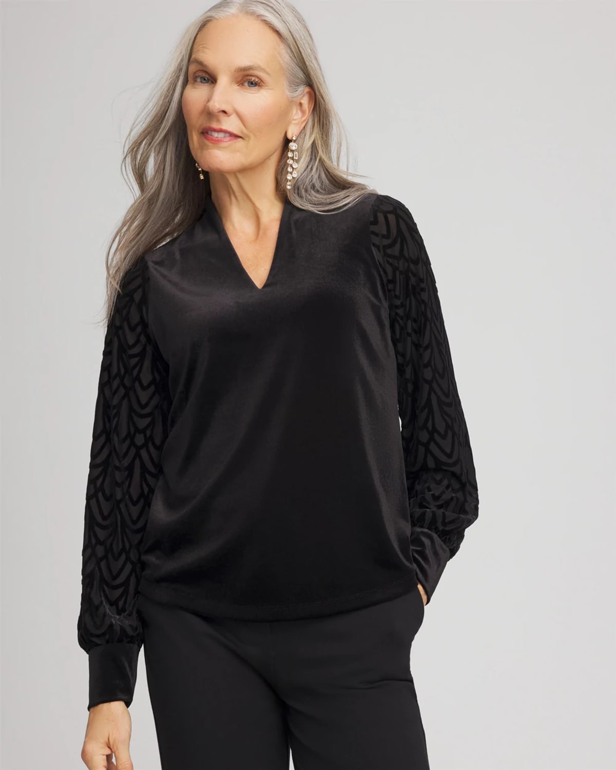 Chico's Art Deco Velvet Burnout Top In Black In Black