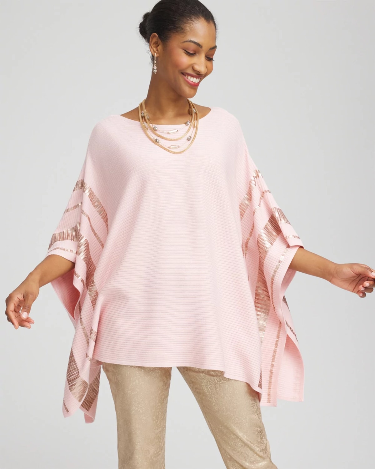 Chico's Sequin Striped Sweater Poncho In Blushed