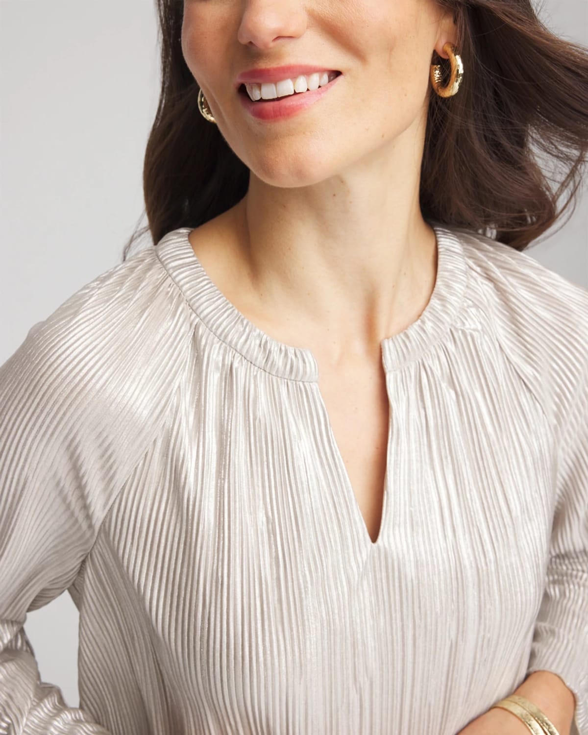 Chico's Foiled Pleated V-neck Tee In Neutral In White