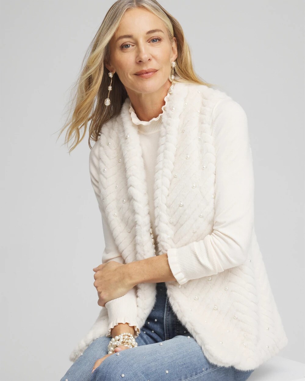 Pearl Embellished Faux Fur Vest