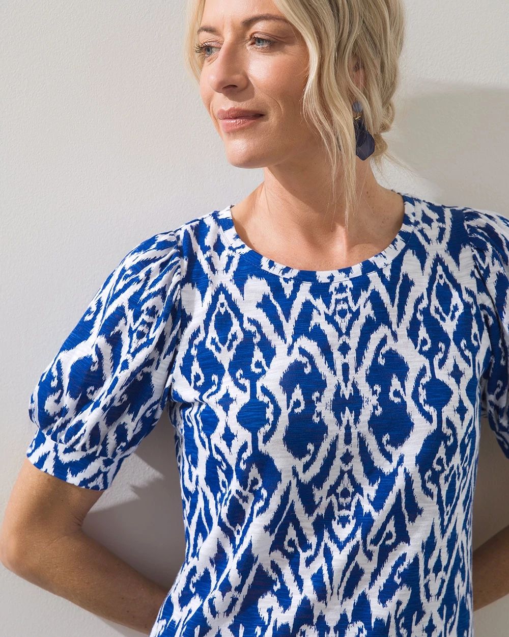 Blue Ikat Puff Sleeve Slub Tee