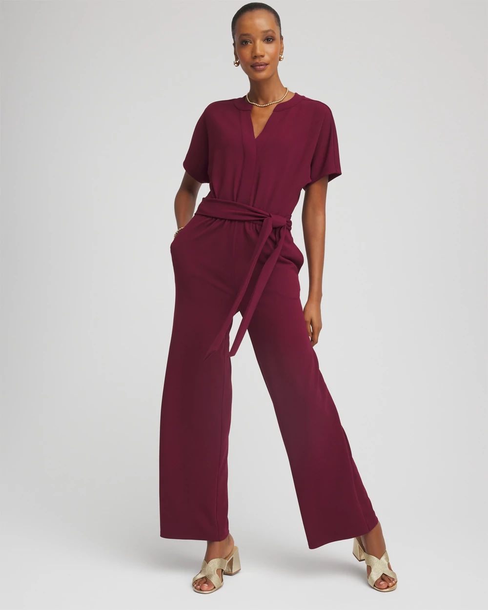 Petite Belted Dolman-Sleeve Jumpsuit