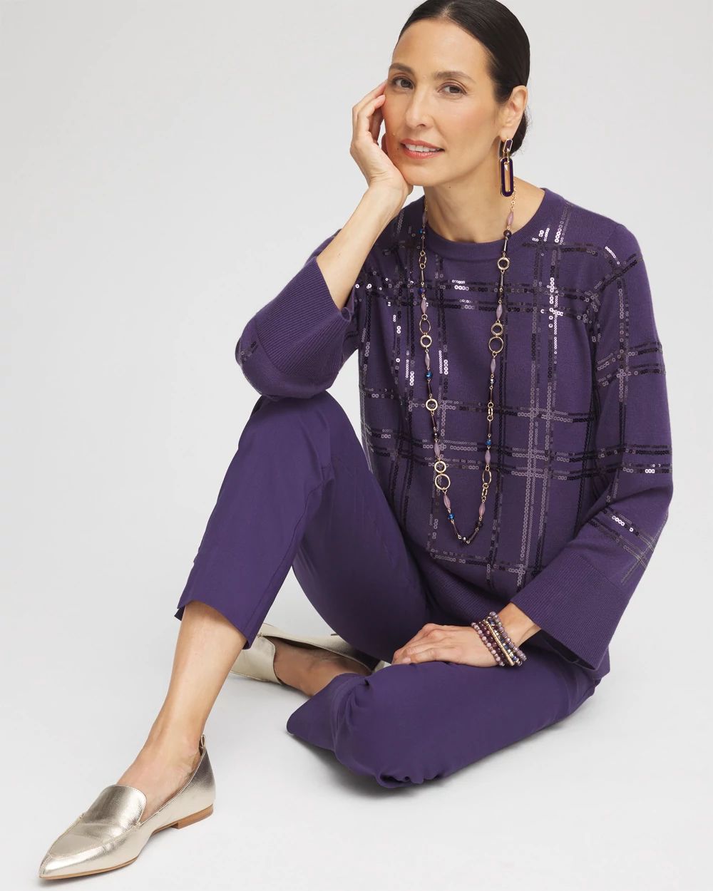 Sequin Plaid Long Sleeve Sweater