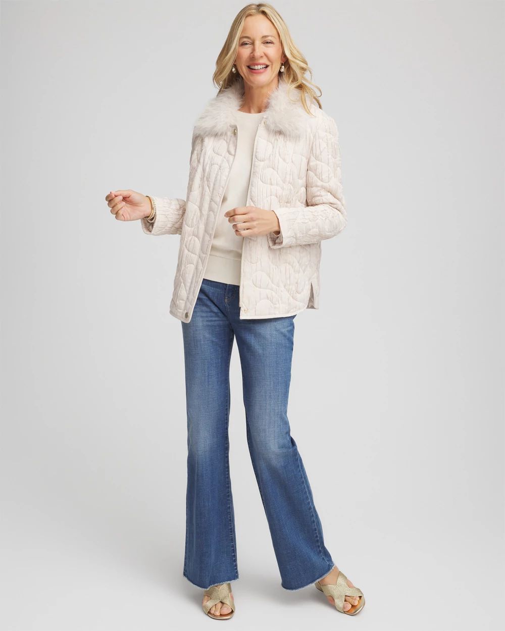 Quilted Faux Fur Collar Jacket click to view larger image.