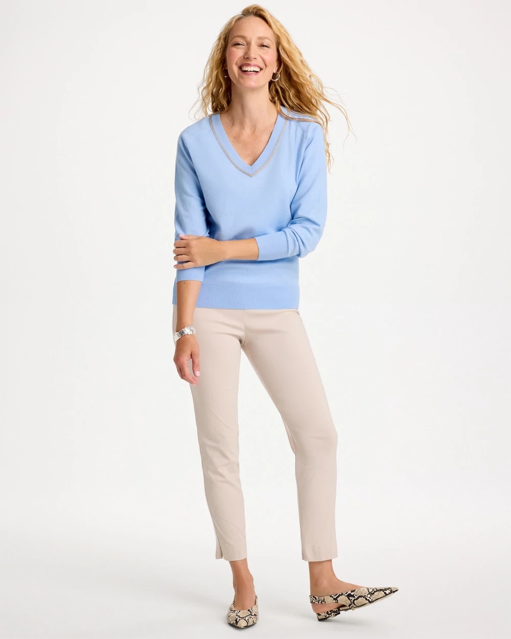 Caviar Embellished V-Neck Pullover Sweater