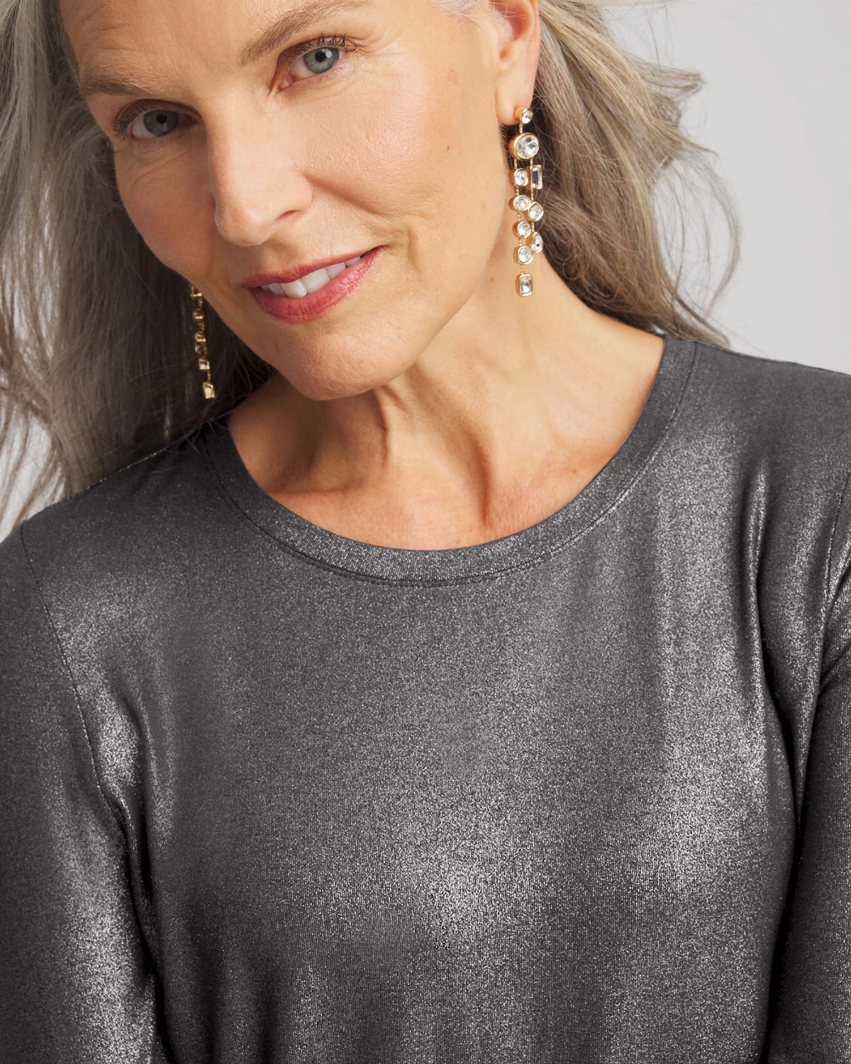 Chico's Touch Of Cool Foil Long Sleeve Layering Tee In Gray In Gray