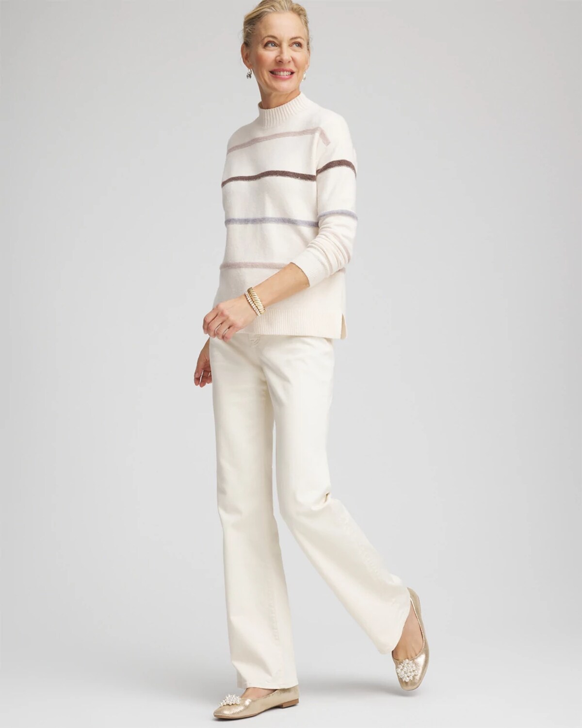 Chico's Sequined Stripe Pullover Sweater In Cream In White