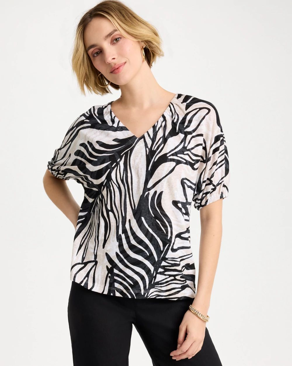 Tropical Nights Linen Ruched V-Neck Tee