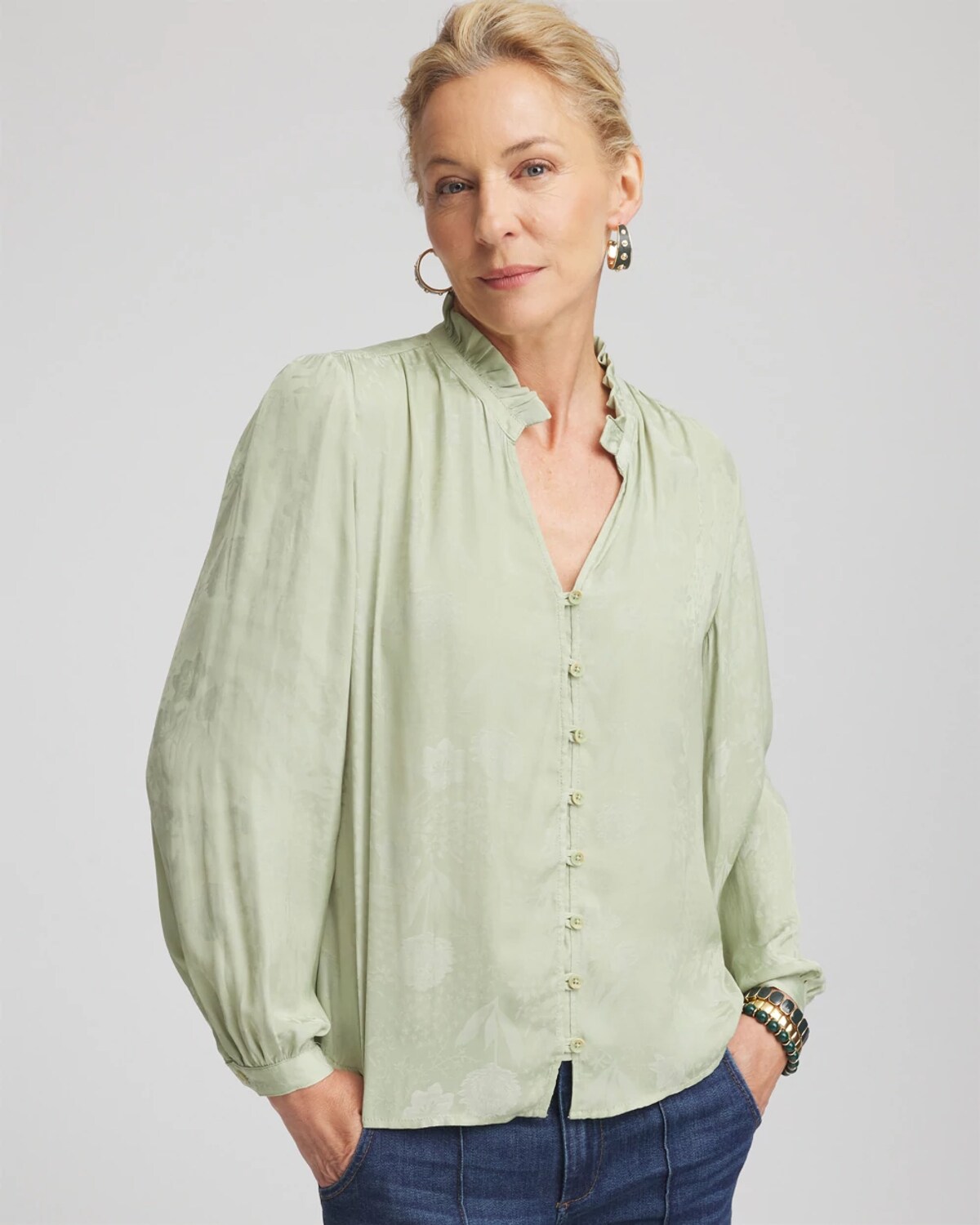 Chico's Floral Georgette Peasant Blouse In Sage Meadow