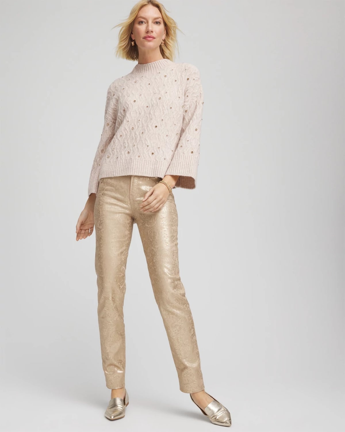 Chico's Girlfriend Slim Ankle Foiled Jeans In Champagne Fizz In Neutral