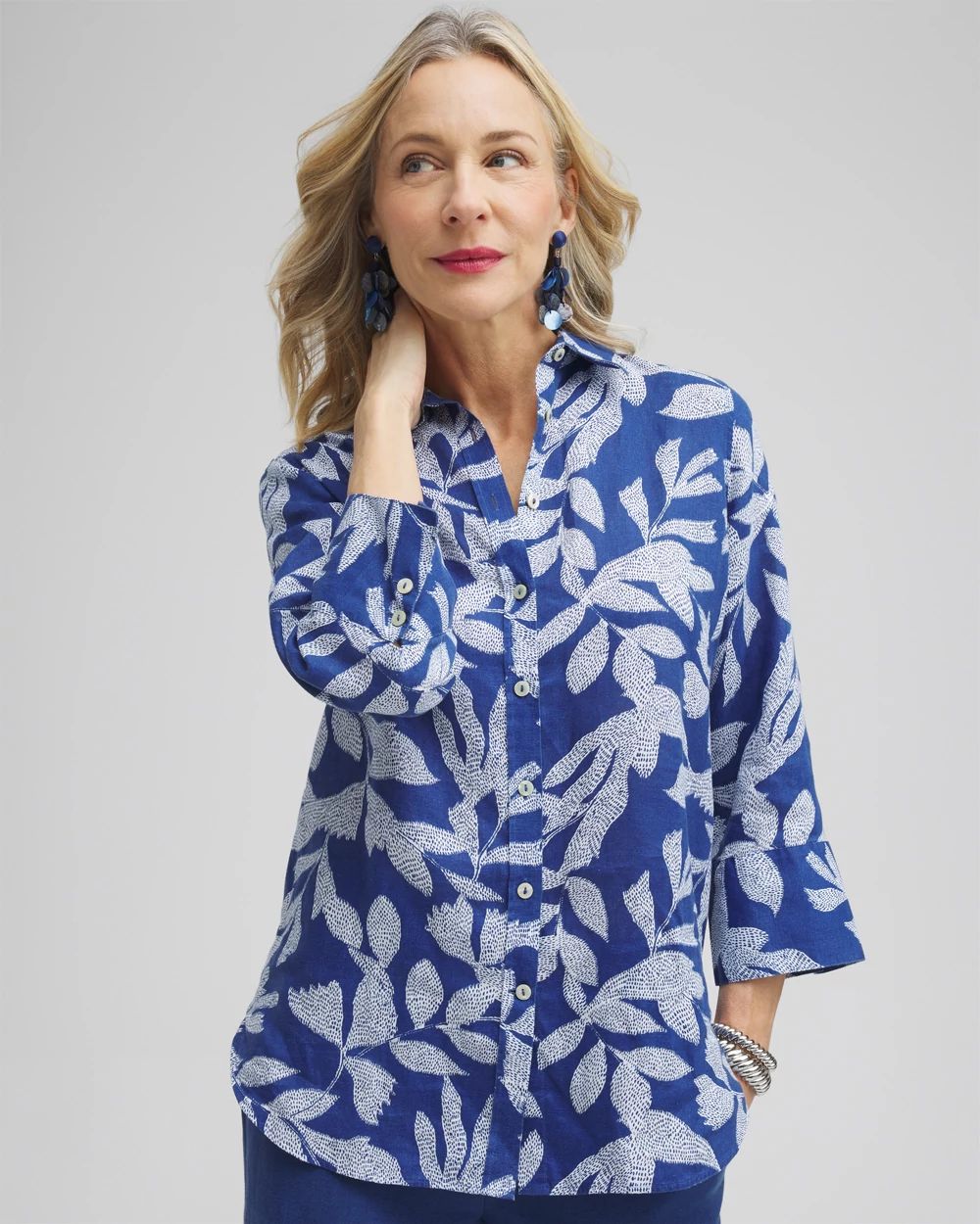 No Iron™ Linen Leaf 3/4 Sleeve Shirt