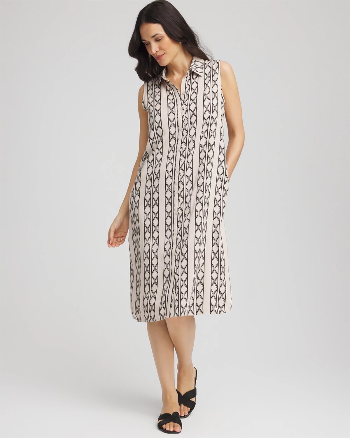 Chico's Printed Sleeveless Silk-twill Shirtdress In Black In Black