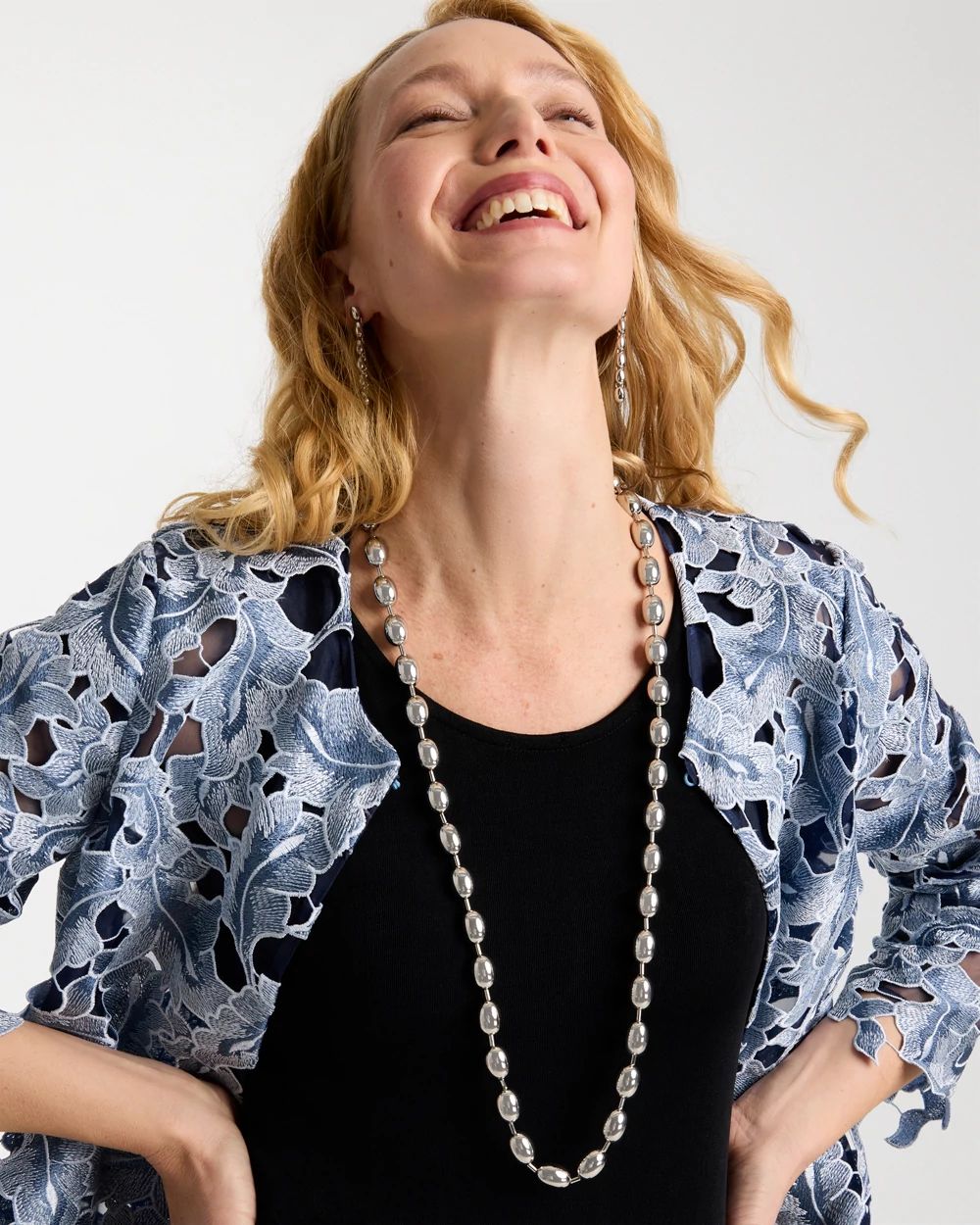 Silver Bead Long Single Strand Necklace