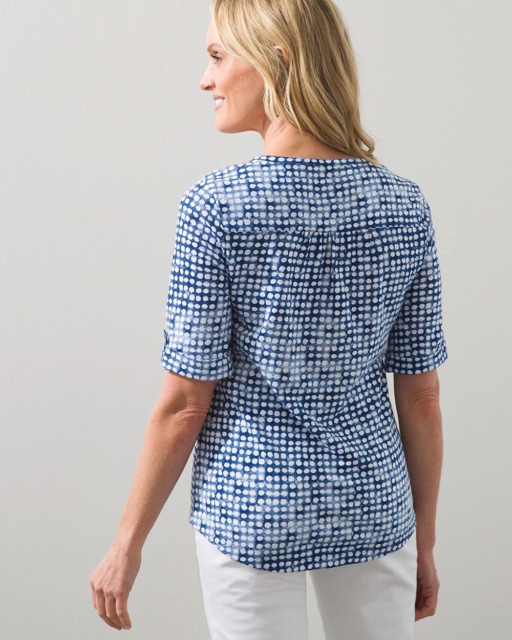 Henley Dot Print Elbow Sleeve Slub Tee