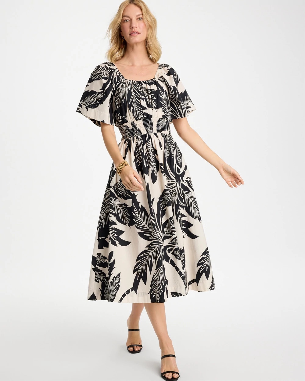 Poplin Cotton Palm Off-Shoulder Dress