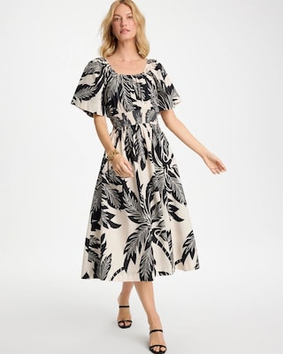 Poplin Cotton Palm Off-Shoulder Dress click to view larger image.