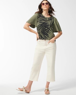 Green Palm Print Flounce Sleeve Tee