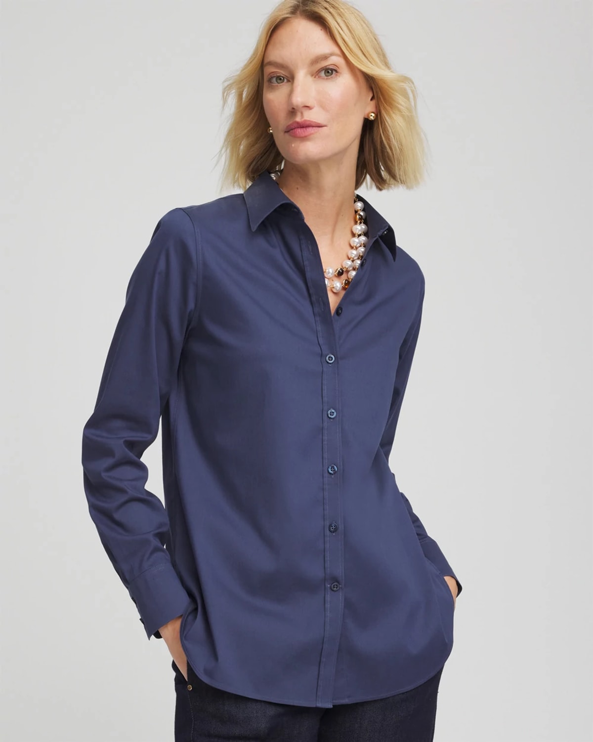 Chico's No Iron Fall Stretch Shirt In Indigo Sky
