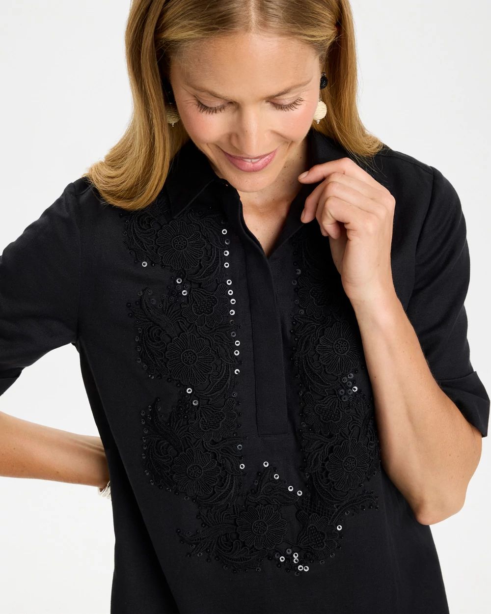 Embellished Linen Popover Dress click to view larger image.