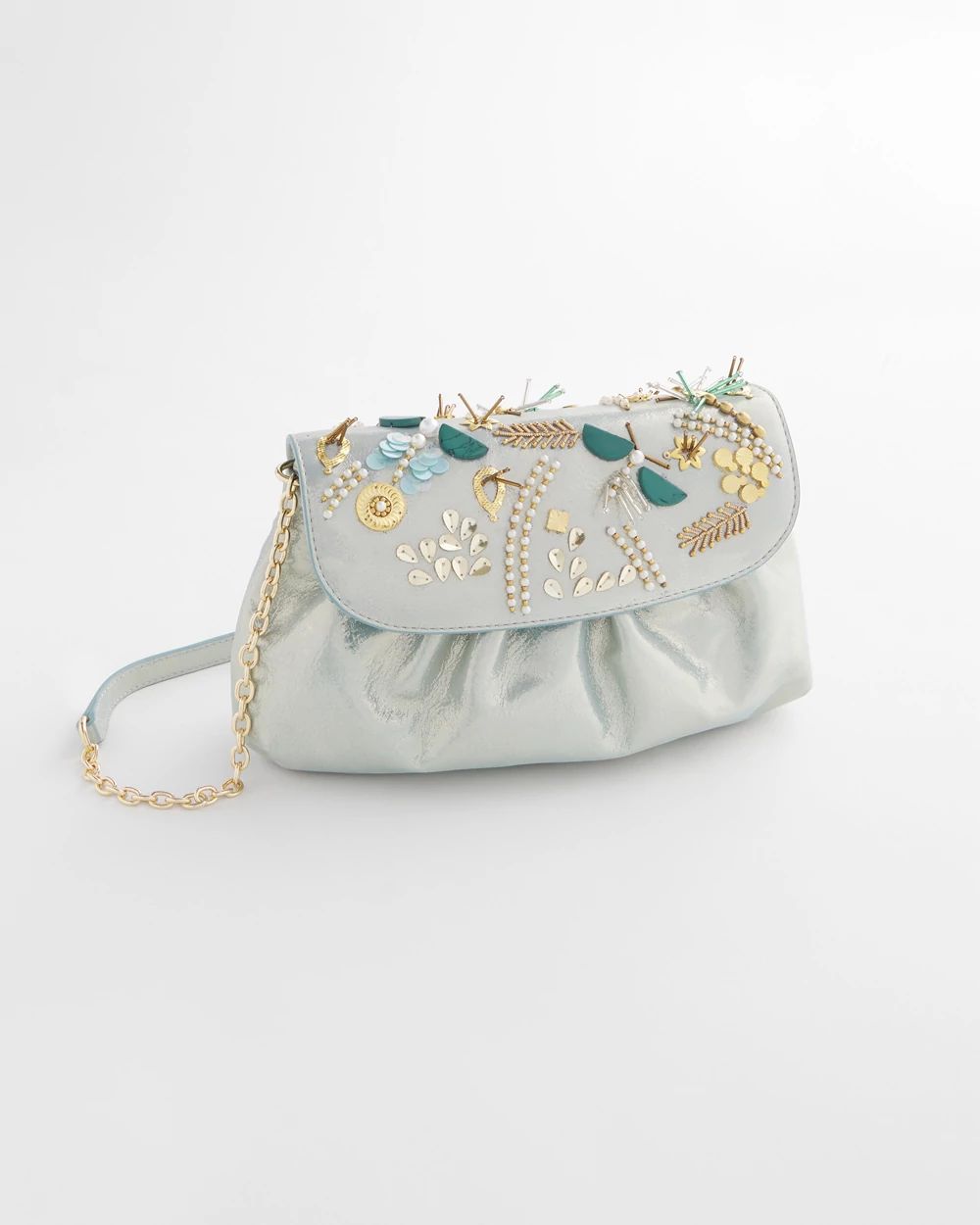 Embellished Leather Metallic Fold-Over Clutch