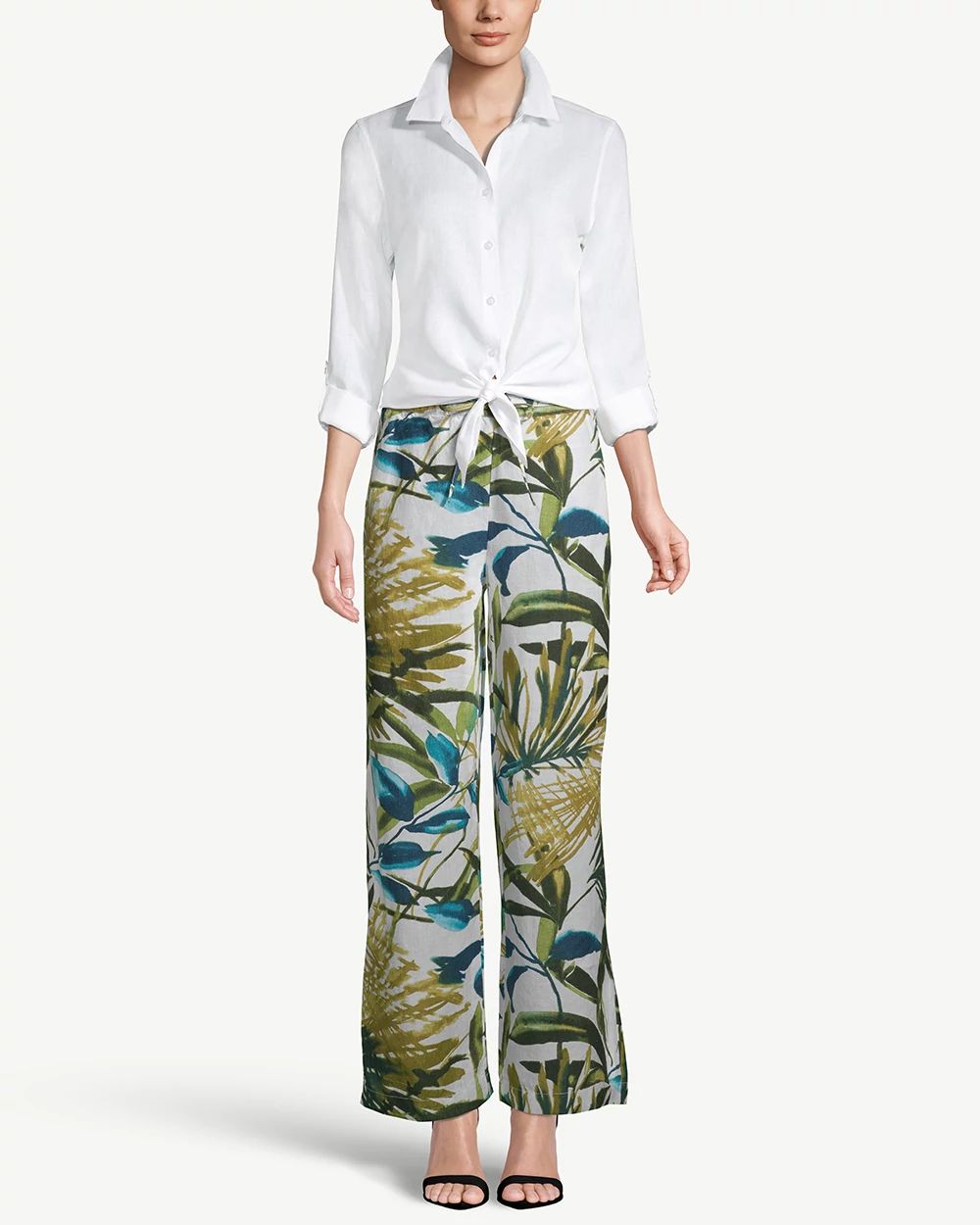 Wide-Leg Drawstring Leaf-Print Linen Pants