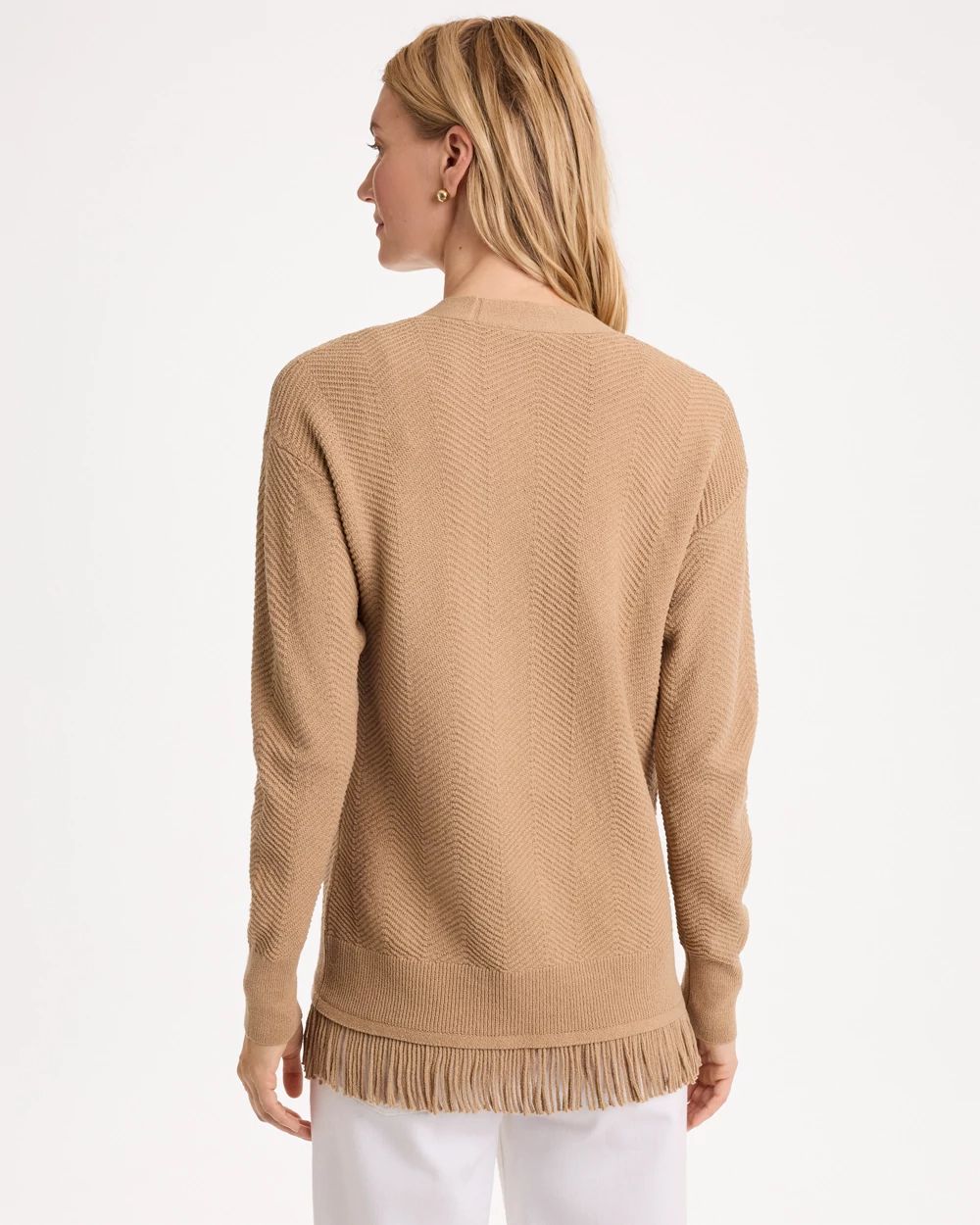 Cotton-Blend Fringed Long-Sleeve Cardigan click to view larger image.