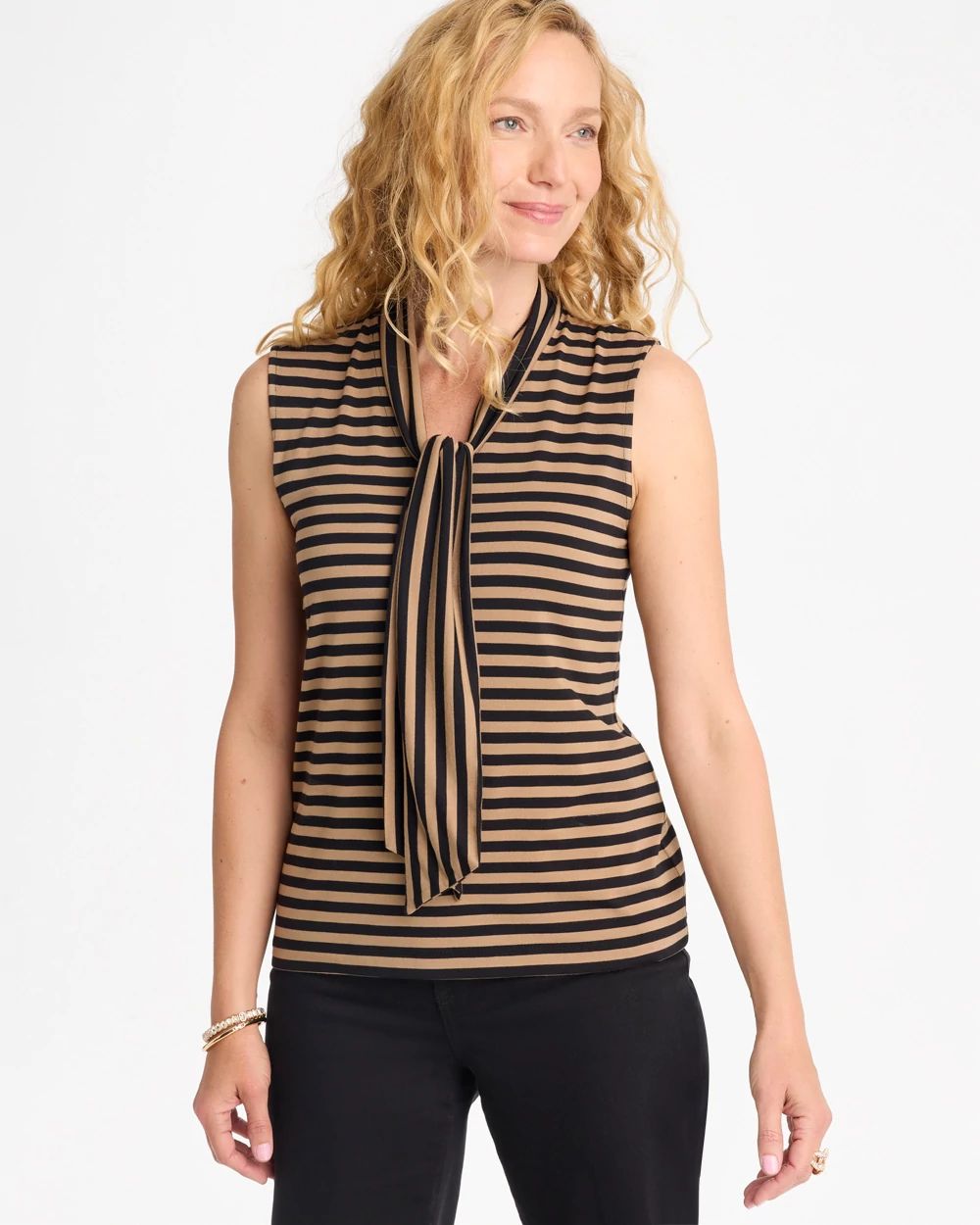 Soft Stretch Tie Neck Striped Tank