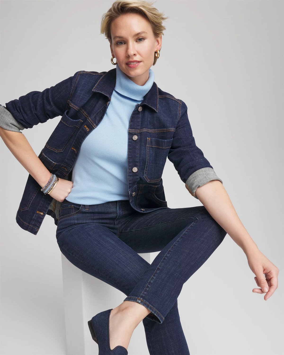 Chico's Ecovero Button Cuff Turtleneck Sweater In Coastal Blue In Blue