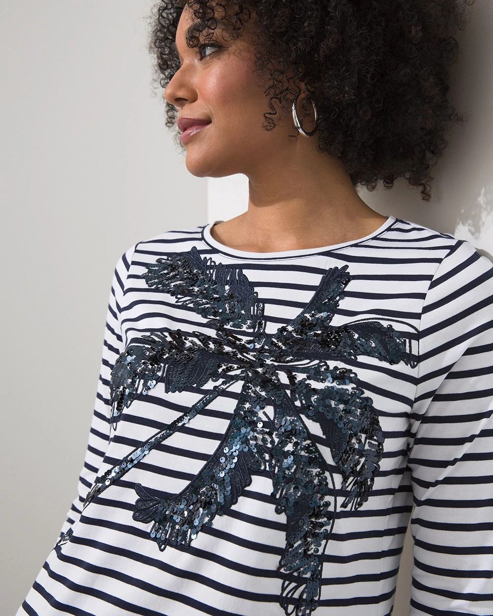 Sequin Palm Stripe Knit Tee