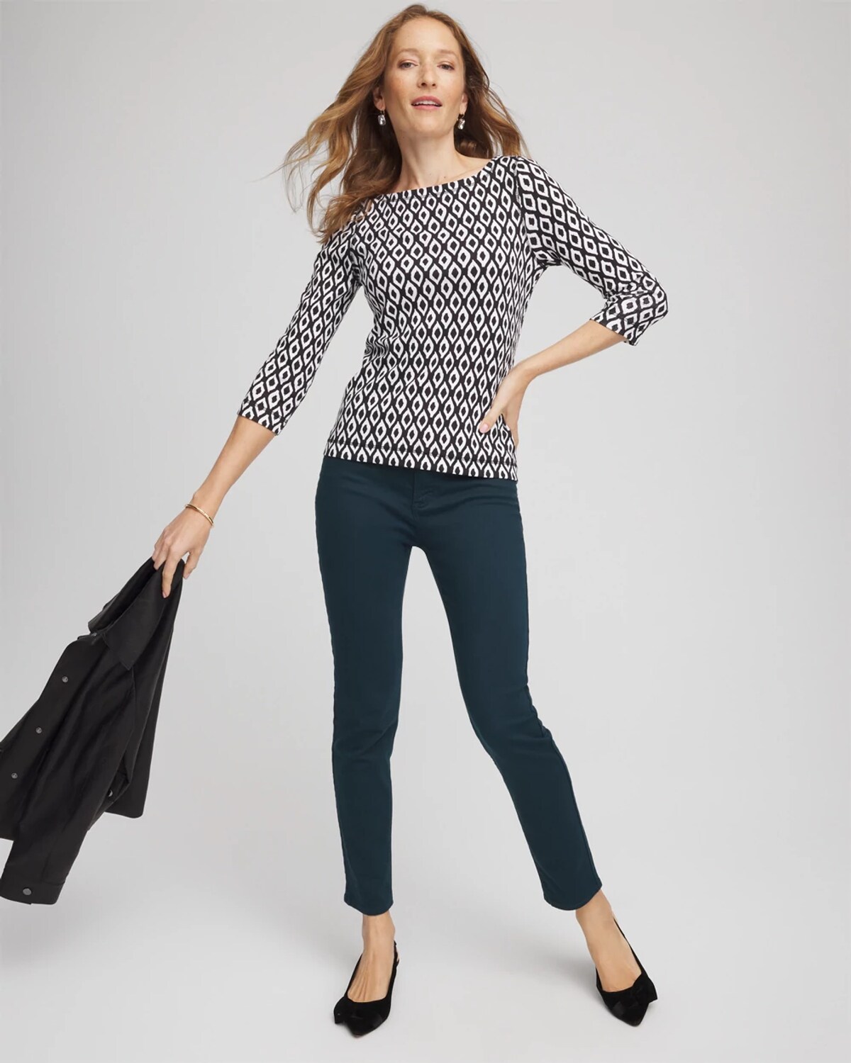 Chico's Pima 3/4 Sleeve Tee In Black In Black