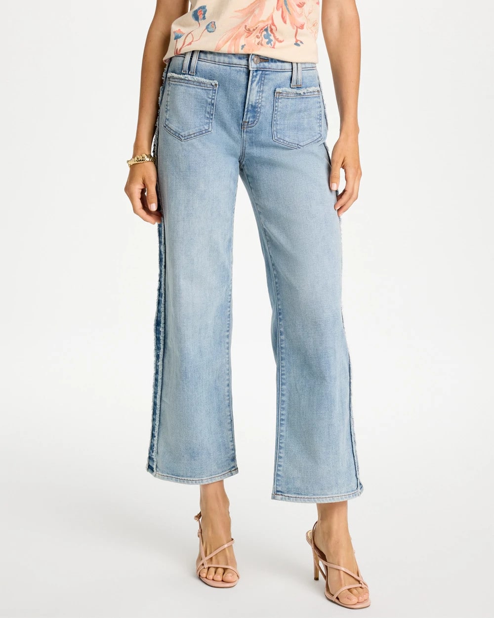 Chico's Frayed Contrast Girlfriend Wide Crop Jeans In Parma Indigo