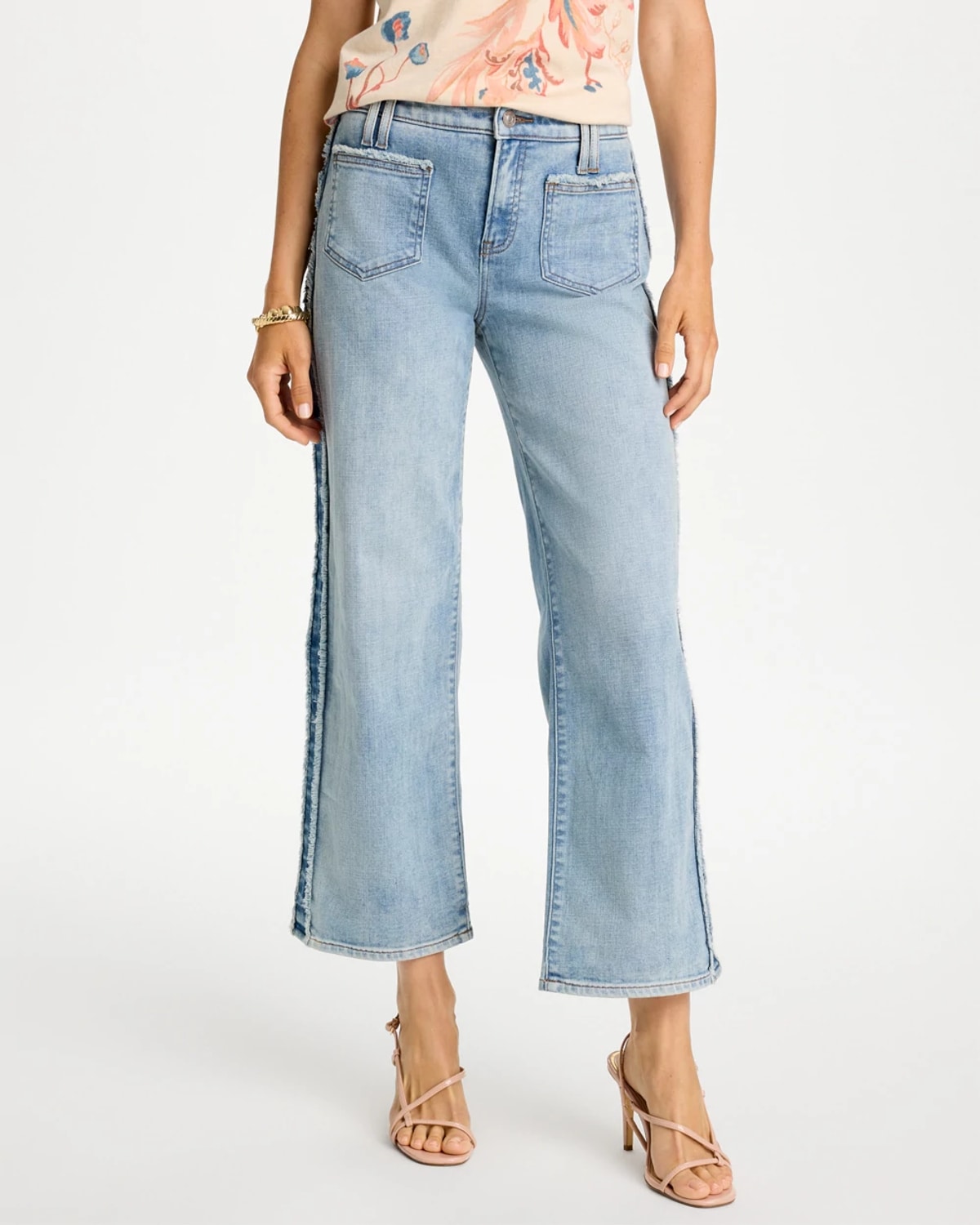 Chico's Frayed Contrast Girlfriend Wide Crop Jeans In Parma Indigo
