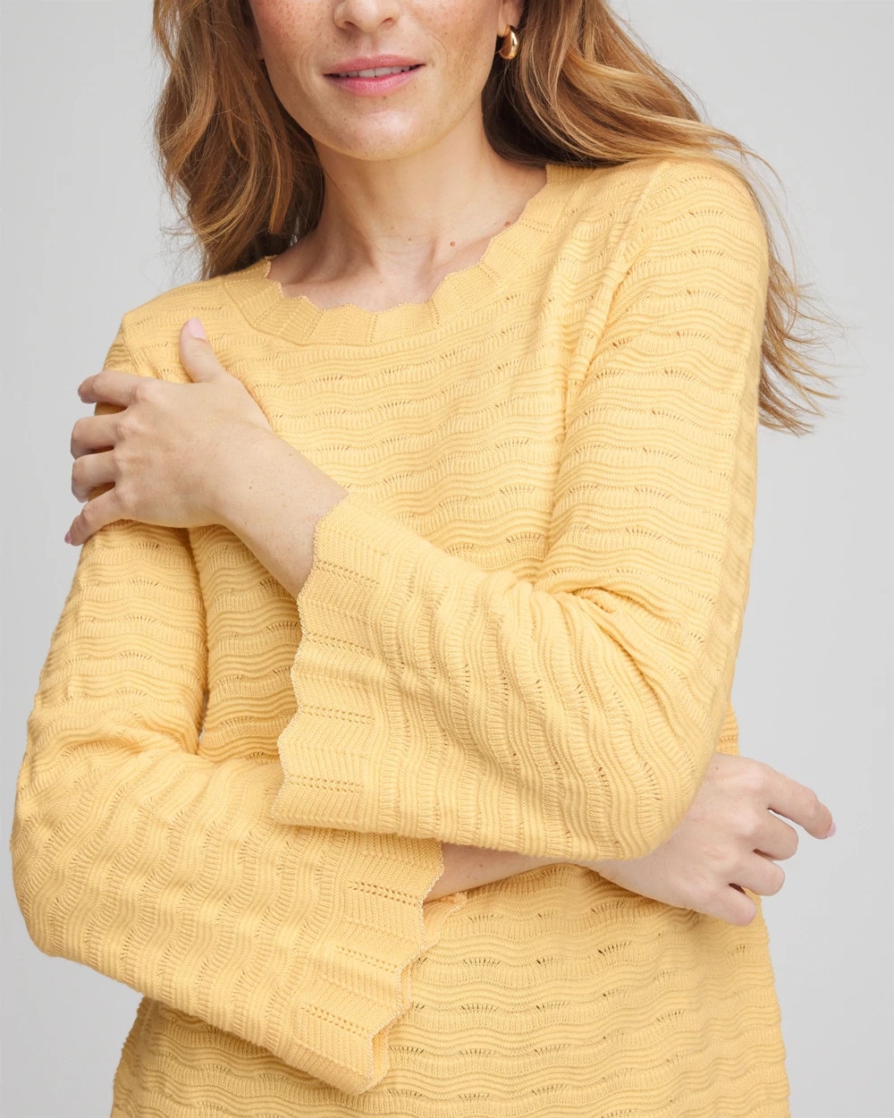 Pointelle Scalloped Hem Flare Sleeve Pullover