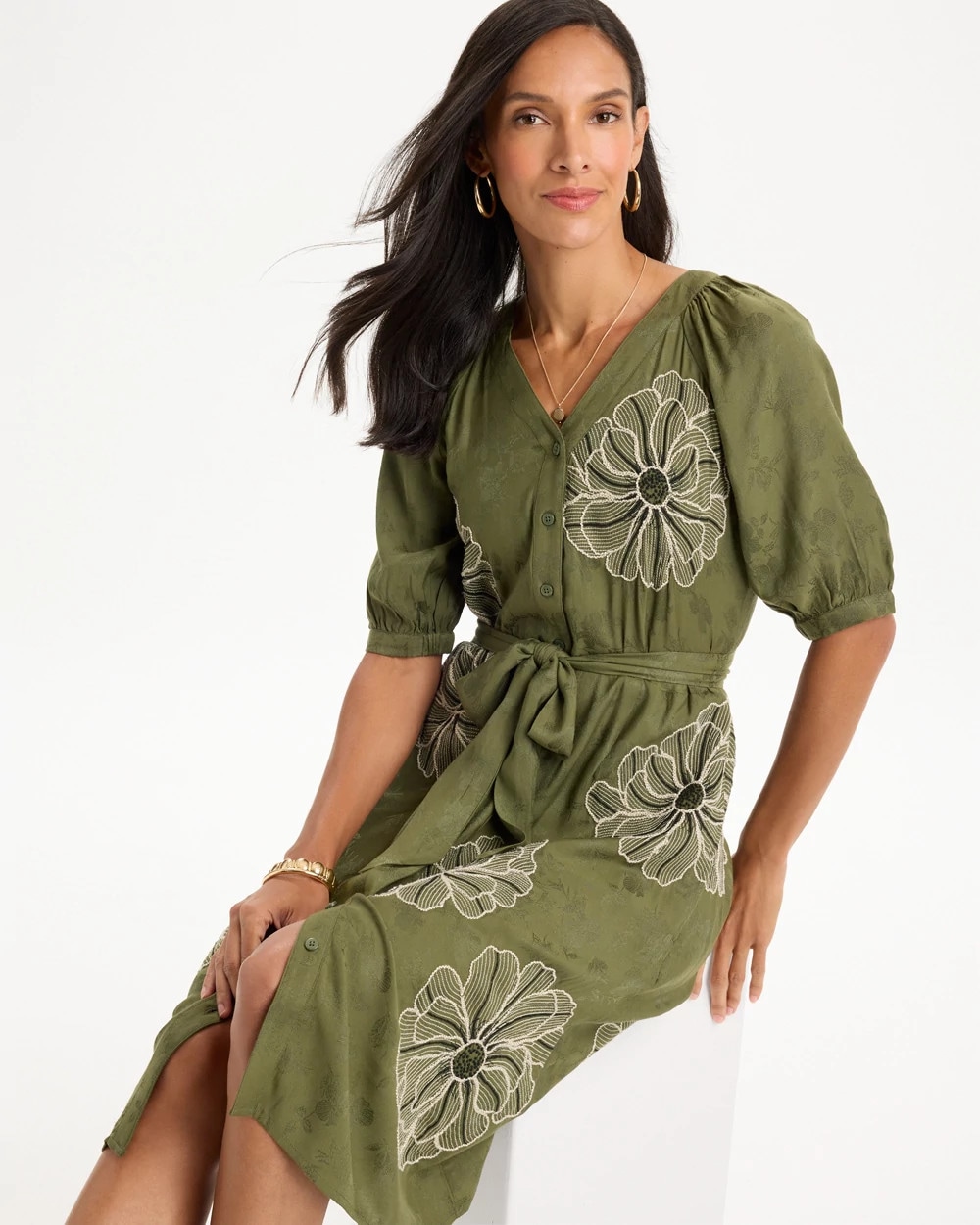 Embroidered Jacquard Belted Dress