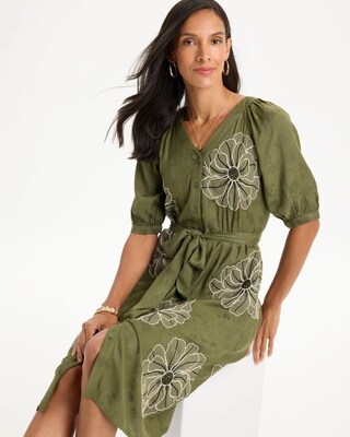 Embroidered Jacquard Belted Dress click to view larger image.