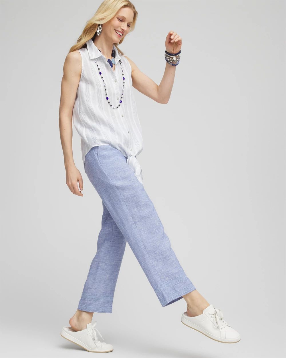 Linen Pull On Waist Cropped Pants