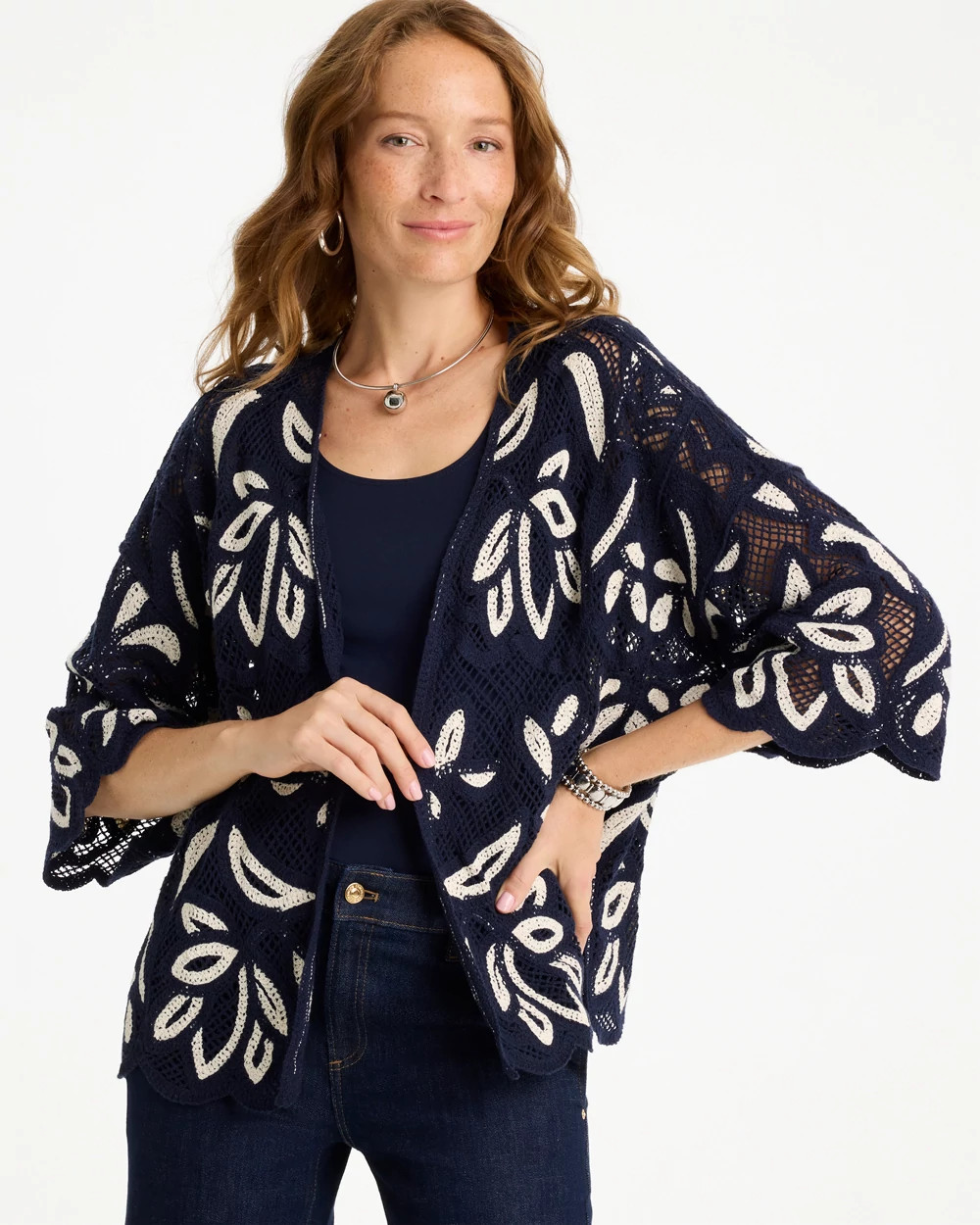 Woven Crochet Lace Contrast Kimono
