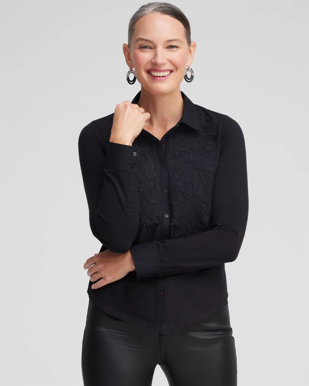 Knit Woven Lace Applique Shirt