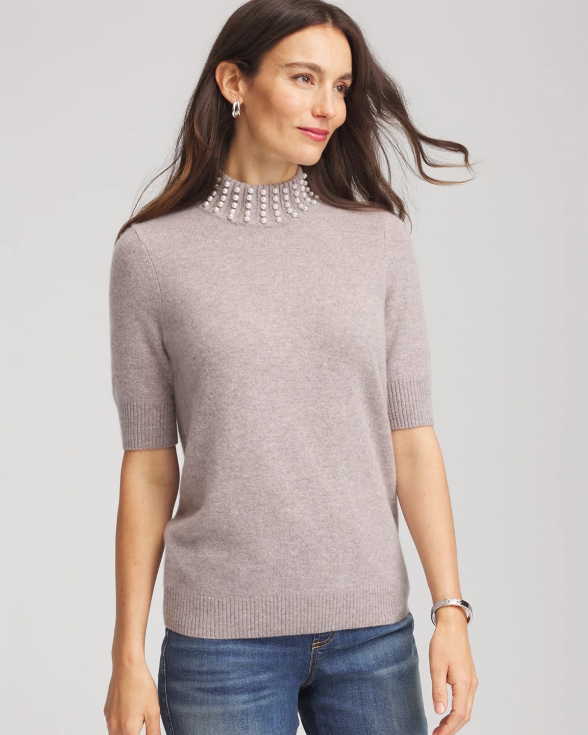 Chico's Cashmere Pearl Mockneck Sweater In Taupe In Gray