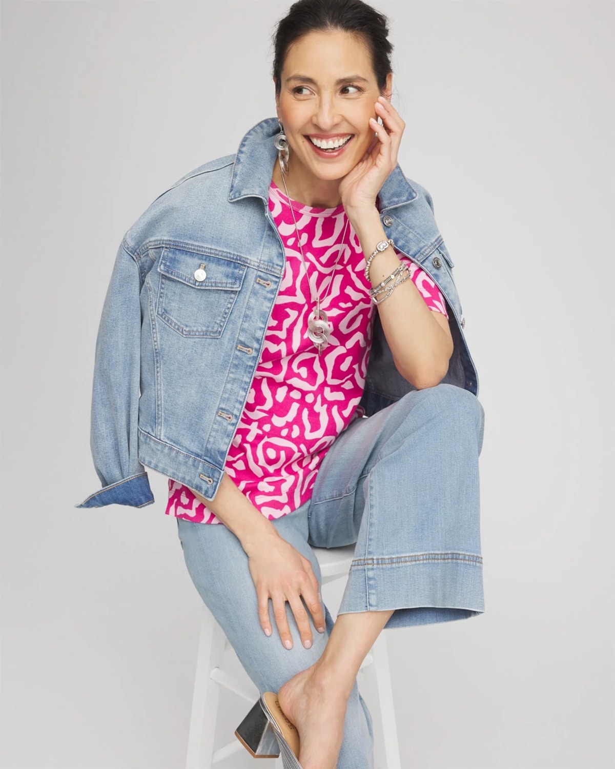 Chico's Animal Print Crewneck Pima Tee In Pink