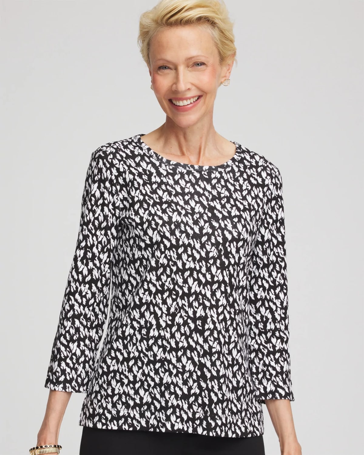 Chico's Pima Crewneck Button Tee In Black