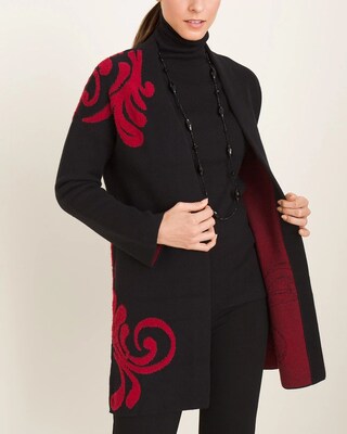Red and Black Scroll-Detail Cardigan